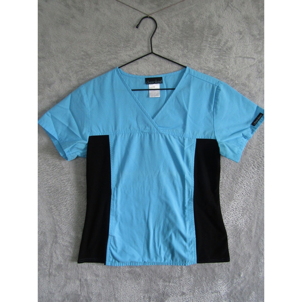 Cherokee Workwear Scrub Top Womens Small‎ Blue Black Colorblock V-Neck